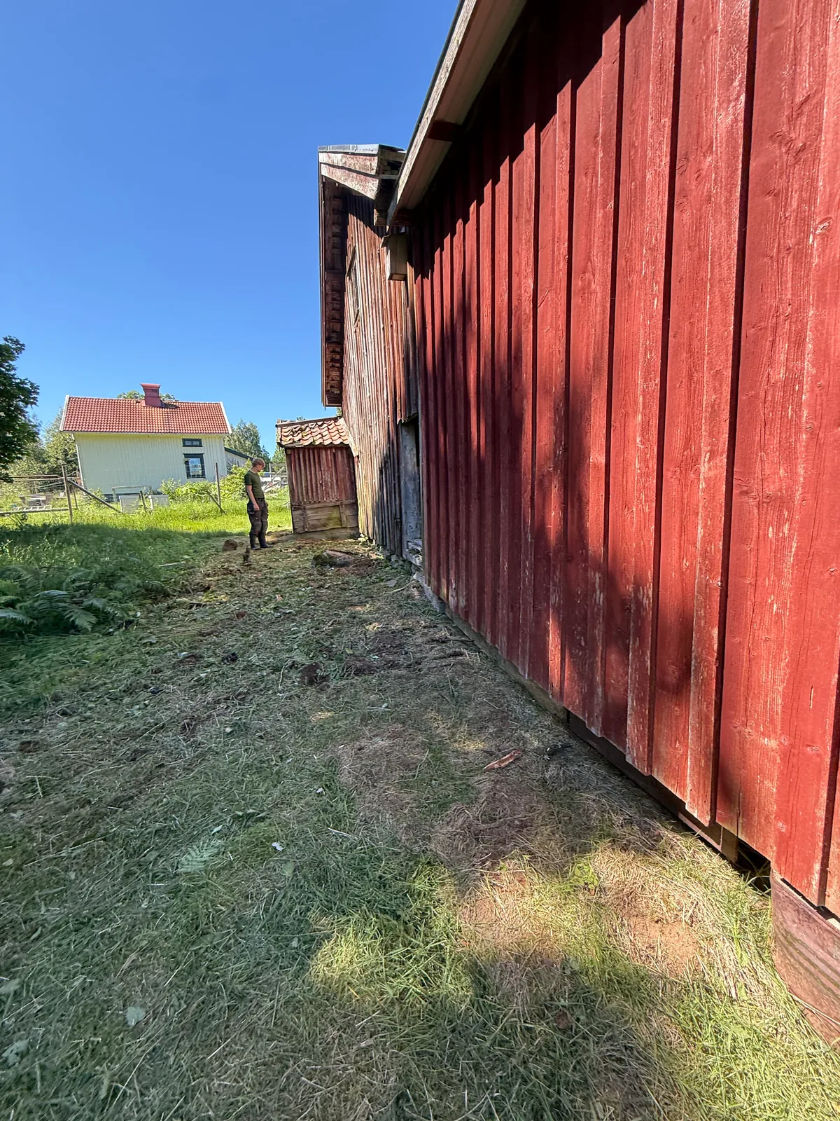 Samma byggnad efter att Bygdens Målartjänst röjt sly och bråte och förberett fasaden för målning.